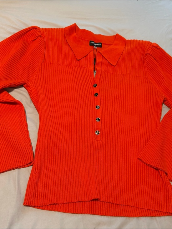 Karl Lagerfeld Sweaters - Karl Lagerfeld Orange Ribbed Polo-Style Long Sleeve Top